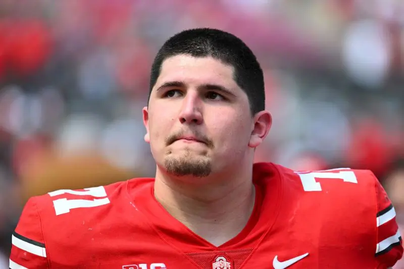 Ben Christman #71 of the Ohio State Buckeyes walks off the field following the Spring Game at Ohio Stadium on April 15, 2023 in Columbus, Ohio. (Photo by Ben Jackson/Getty Images)