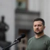 KYIV, UKRAINE - SEPTEMBER 09: Ukrainian President Volodymyr Zelensky is seen during his joint press conference with Polish PM Mateusz Morawiecki and Latvian President Egils Levits on September 9, 2022 in Kyiv, Ukraine. As war wages in eastern Ukraine, Belarus' military drills near the border with Poland, EU nations are increasingly concerned over safety at their borders as well as the energy sources this winter. (Photo by Alexey Furman/Getty Images)