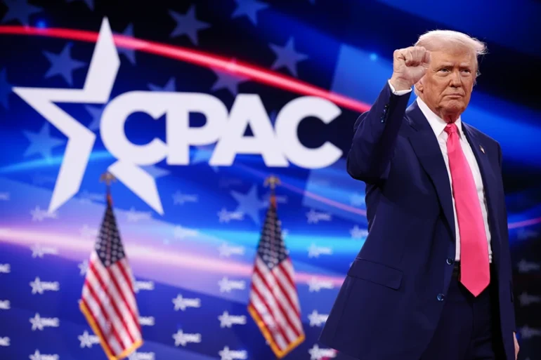 U.S. President Donald Trump reacts to the crowd after speaking at the Conservative Political Action Conference (CPAC) at the Gaylord National Resort Hotel and Convention Center on February 22, 2025 in Oxon Hill, Maryland. The annual four-day gathering brings together conservative U.S. lawmakers, international leaders, media personalities and businessmen to discuss and champion conservative ideas. (Photo by Win McNamee/Getty Images)