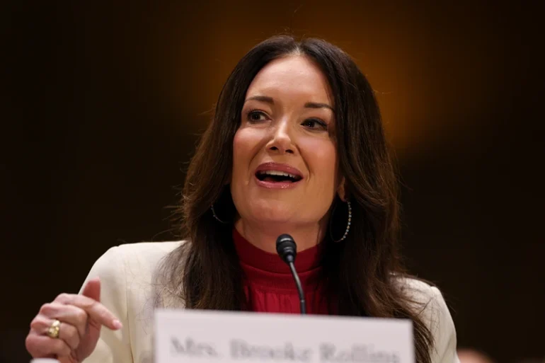 WASHINGTON, DC - JANUARY 23: Brooke Rollins, President Donald Trump's nominee to be Agriculture Secretary, speaks during her Senate Agriculture, Nutrition and Forestry Committee confirmation hearing in the Dirksen building on January 23, 2025 in Washington, DC. Rollins is currently the President and CEO of the America First Policy Institute, a conservative think tank established in 2021 to advocate for Trump’s economic policies. (Photo by Kayla Bartkowski/Getty Images)