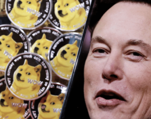 A photo of Elon Musk is displayed on a smartphone placed on representations of cryptocurrency Dogecoin