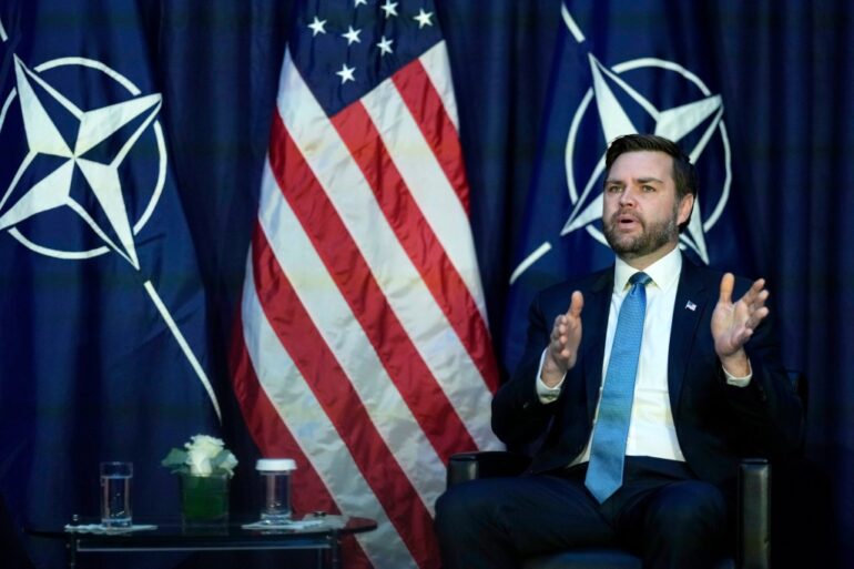 Vice President JD Vance speaks during a bilateral meeting with NATO Secretary General Mark Rutte on the sidelines of the Munich Security Conference in Munich, Germany, Friday, Feb. 14, 2025.