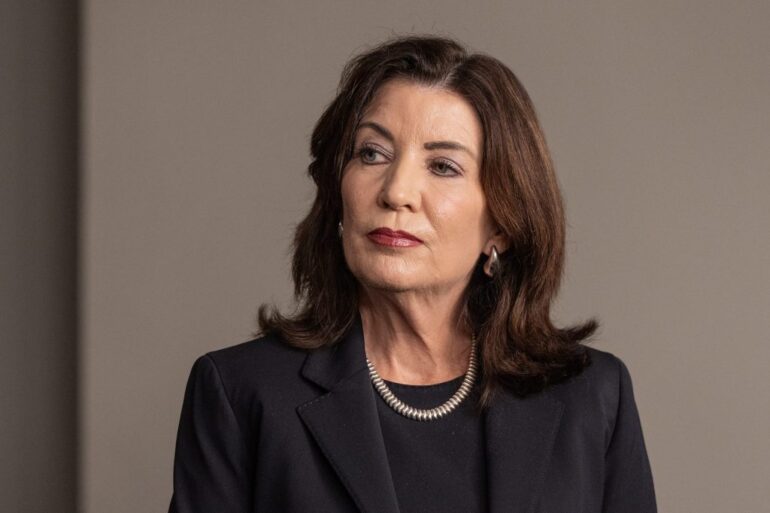 Gov. Kathy Hochul speaks during the press briefing with Attorney General Letitia James at the Governor's office discussing the impacts of the 2024 Presidential Election after President Donald Trump's landslide victory.