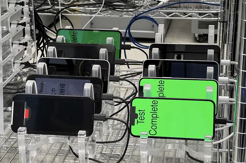 Multiple iPhone 16e phones with the new C1 cellular modem are stress tested at an Apple lab, where hundreds of devices go through thousands of hours of continuous, repetitive testing, in Sunnyvale, California, U.S., February 18, 2025. REUTERS/Stephen Nellis