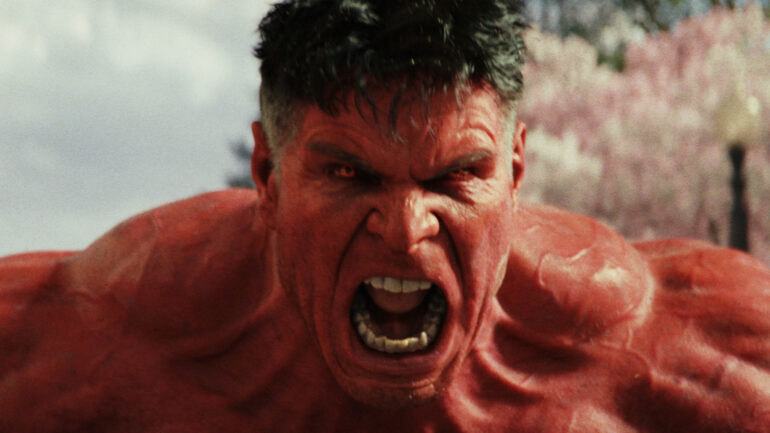 A close up of Red Hulk shouting in Captain America: Brave New World