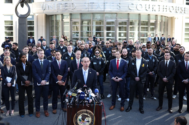 HSI New York special agent in charge Michael Alfonso, flanked by DEA officers, speaks to the press outside the US District court eastern district of New York City on February 28, 2025. The former leader of a brutal Mexican cartel, Rafael Caro Quintero, described by the White House as the world's "most evil" drug boss, pleaded not guilty to narcotics charges in New York Friday. (Photo by CHARLY TRIBALLEAU / AFP) (Photo by CHARLY TRIBALLEAU/AFP via Getty Images)