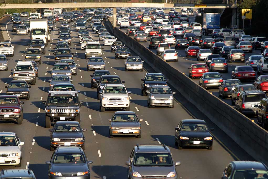 Heavy traffic on a multi-lane highway.