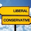 Liberal and conservative road signs against sky background