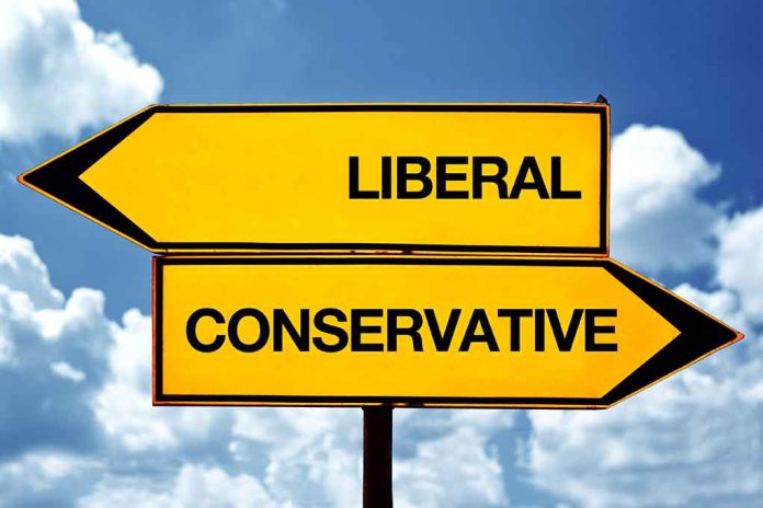 Liberal and conservative road signs against sky background