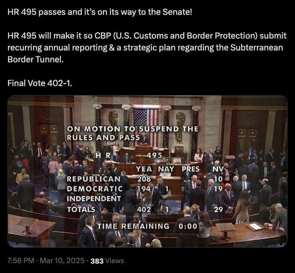 House Passes Mexican Cartel Border Tunnel Crackdown Bill — Only ONE Democrat Votes ‘No’ * 100PercentFedUp.com * by Kaley