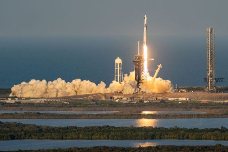 CAPE CANAVERAL, FLORIDA - MARCH 14: The SpaceX Falcon 9 rocket and Dragon spacecraft launches from the Launch Complex 39A at NASA’s Kennedy Space Center on March 14, 2025 in Cape Canaveral, Florida. The mission will be crewed by NASA astronauts commander Anne McClain, pilot Nichole Ayers, alongside mission specialists, JAXA (Japan Aerospace Exploration Agency) astronaut Takuya Onishi and Roscosmos cosmonaut Kirill Peskov. (Photo by Brandon Bell/Getty Images)