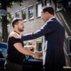 TOPSHOT - Ukrainian President Volodymyr Zelensky (L) and outgoing Dutch Prime Minister Mark Rutte shake hands during a visit to the Eindhoven Military Air Base, in Eindhoven, on August 20, 2023. (Photo by ROB ENGELAAR / ANP / AFP) / Netherlands OUT (Photo by ROB ENGELAAR/ANP/AFP via Getty Images)