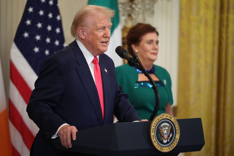 WASHINGTON, DC - MARCH 12: U.S President Donald Trump speaks during a St. Patrick’s Day event with Irish Taoiseach Micheál Martin and his wife Mary O'Shea in the East Room of the White House on March 12, 2025 in Washington, DC. Martin traveled to the United States for the Irish leader's annual St. Patrick's Day visit where he attended a luncheon with Congressional leaders and a meeting in the Oval Office with Trump. (Photo by Kayla Bartkowski/Getty Images)