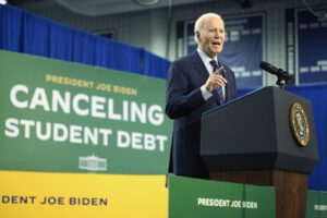 President Joe Biden speaks about student loan debt at Madison College, in Madison, Wisconsin, April 8, 2024.