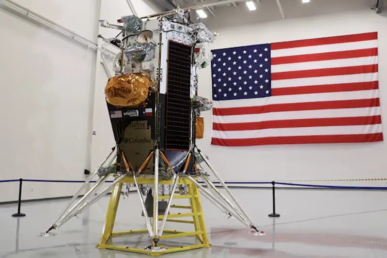 The Nova-C lunar lander designed by aerospace company Intuitive Machines is displayed at the company's headquarters in Houston, Texas, U.S., October 3, 2023. REUTERS/Evan Garcia/File Photo