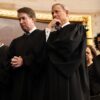Associate Supreme Court Justices Clarence Thomas and Brett Kavanaugh, Chief Justice John Roberts and Associate Justice Sonia Sotomayor bowing their heads during inauguration ceremonies at the US Capitol, 2025.