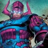 A screenshot of Fantastic Four villain Galactus reaching out to grab a planet in a Marvel comic book