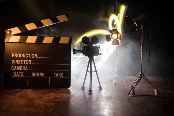 Film set with clapperboard camera and lighting