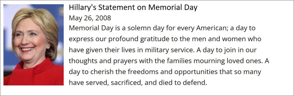 Hillary Clinton Calls on Liberals to Wreck Memorial Day Gatherings by Bashing President Trump * 100PercentFedUp.com * by Joshua C.
