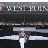 US President Donald Trump joined by US Military Academy Superintendent Lt. Gen. Steven Gilland looks on after delivering the commencement address at the 2025 graduation ceremony at the US Military Academy West Point on May 24, 2025 in West Point, New York. US President Donald Trump delivers the commencement address at the 2025 US Military Academy Graduation Ceremony at West Point (Photo by SAUL LOEB / AFP) (Photo by SAUL LOEB/AFP via Getty Images)