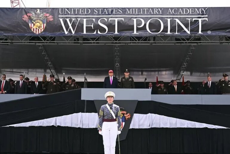 US President Donald Trump joined by US Military Academy Superintendent Lt. Gen. Steven Gilland looks on after delivering the commencement address at the 2025 graduation ceremony at the US Military Academy West Point on May 24, 2025 in West Point, New York. US President Donald Trump delivers the commencement address at the 2025 US Military Academy Graduation Ceremony at West Point (Photo by SAUL LOEB / AFP) (Photo by SAUL LOEB/AFP via Getty Images)