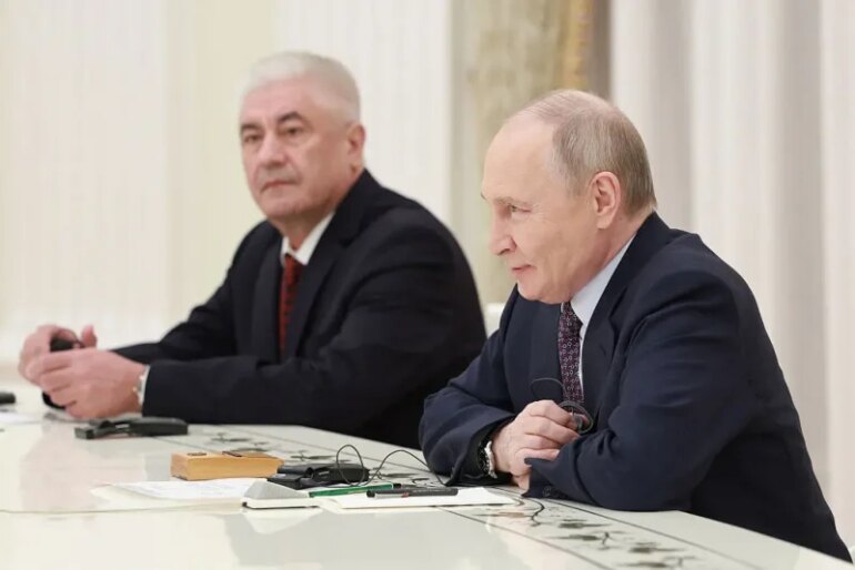 In this pool photograph distributed by Russian state agency Sputnik, Russia's President Vladimir Putin (R) and Russia's Interior Minister Vladimir Kolokoltsev (L) attend a meeting with the UAE deputy prime minister and Interior minister in Moscow on April 30, 2025. (Photo by ALEXANDER SHCHERBAK / POOL / AFP) (Photo by ALEXANDER SHCHERBAK/POOL/AFP via Getty Images)