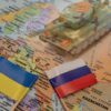 Tank on map with Ukrainian and Russian flags