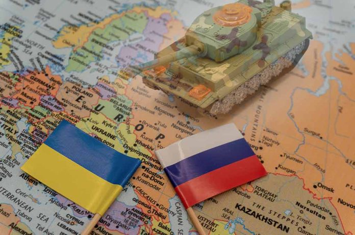 Tank on map with Ukrainian and Russian flags