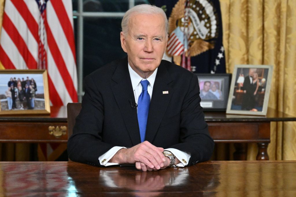 Then-President Biden delivering a farewell address in the Oval Office on Jan. 15, 2025.
