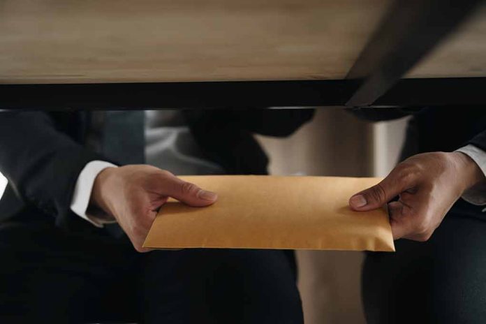 Two people exchanging envelope under table