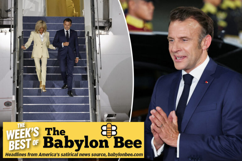 Politics: french prez macron claims he fell down stairs again