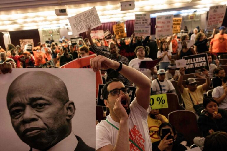 Tenants and housing activists, including Eric Adams and Mary Tudor, protesting against rent increase at Hunter College, New York on June 21, 2023