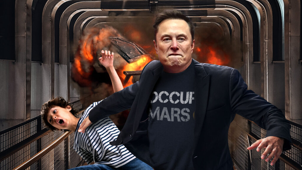 Satire news: elon musk pushes child aside on way to