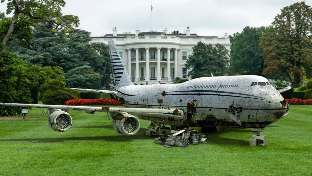 Satire news: rusted qatari plane sitting on blocks on white