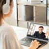 Male teacher giving encouraging OK gesture to female student via video chat on laptop for online education at a modern light workplace