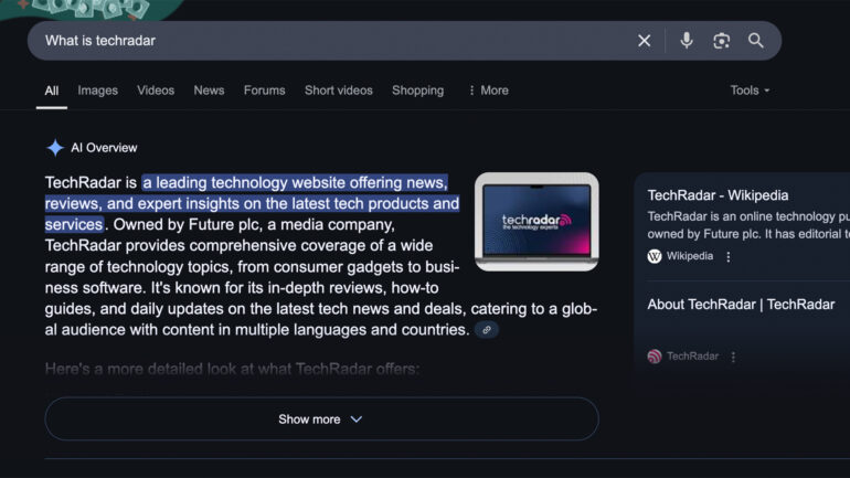 Google's AI Overview response to "what is TechRadar"