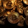Representations of cryptocurrency Bitcoin.