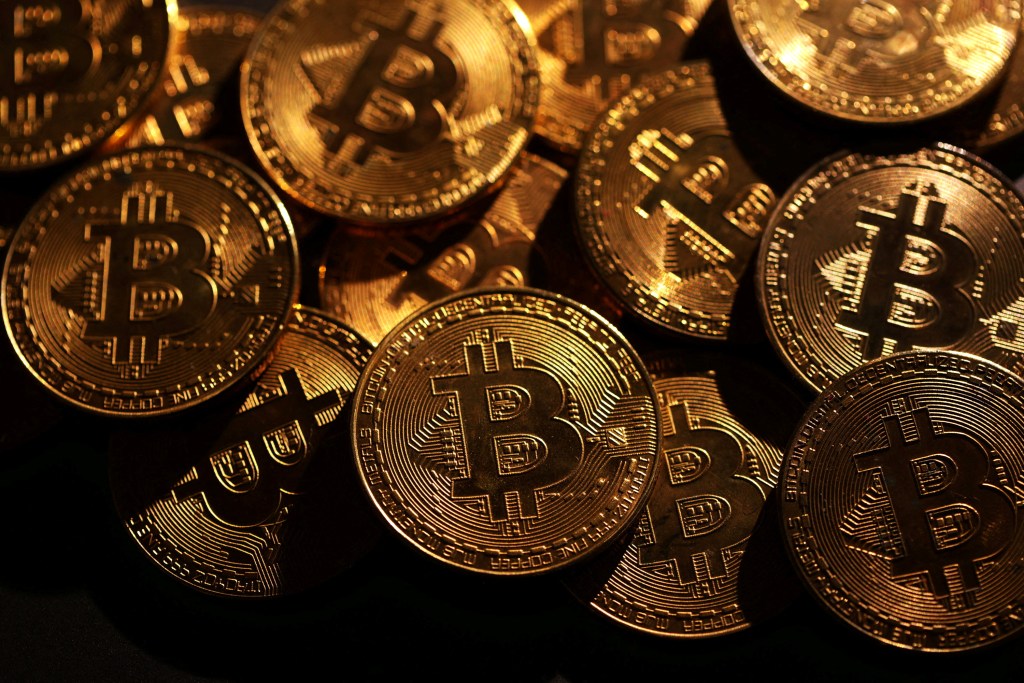 Representations of cryptocurrency Bitcoin.