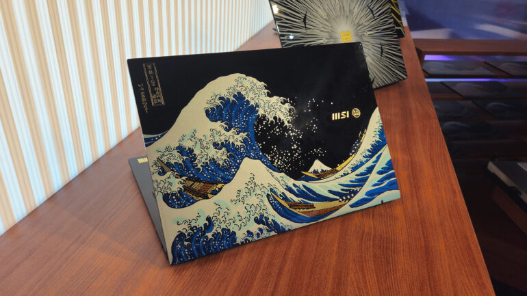 The MSI Prestige 13+ AI Ukiyo-e Edition laptop on display at Computex 2025