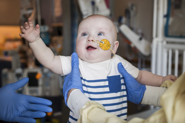 This photo provided by the Children's Hospital of Philadelphia shows KJ Muldoon after a follow-up dose of an experimental gene editing treatment at the hospital in April 2025.