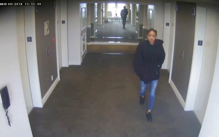 Surveillance footage of Cassie Ventura leaving a hotel.
