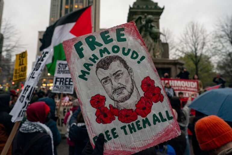 NEW YORK, NEW YORK - APRIL 12: Demonstrators gather in Columbus Circle in solidarity and to demand the release of detained Columbia University graduate student Mahmoud Khalil on April 12, 2025 in New York City. An immigration judge ruled that Columbia University graduate student Mahmoud Khalil can be deported as a national security risk, based on the government's argument that his participation in pro-Palestinian demonstrations posed "potentially serious foreign policy consequences. (Photo by David Dee Delgado/Getty Images)