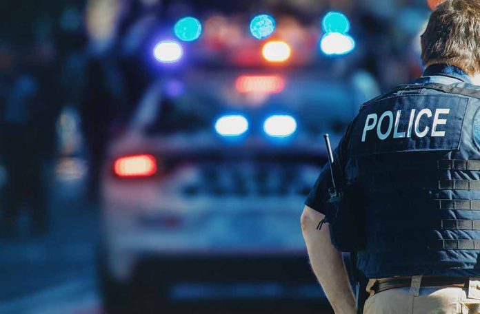 Police officer with patrol car and flashing lights