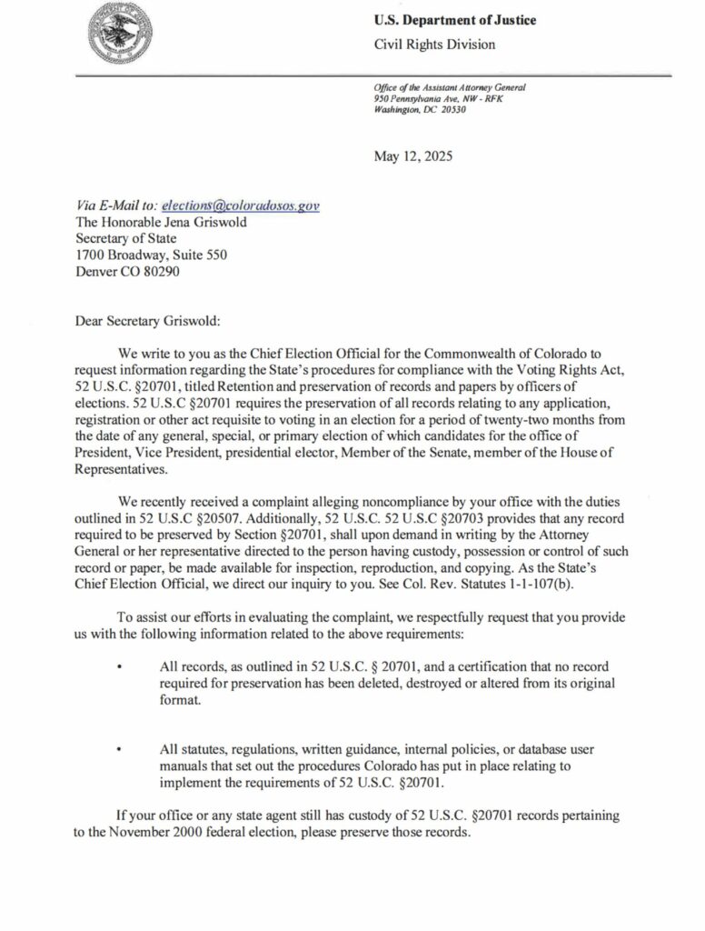Trump Justice Department Demands “All Records” Relating to 2024 Federal Elections From Colorado Sec. of State Jena Griswold — UH OH! * 100PercentFedUp.com * by Noah