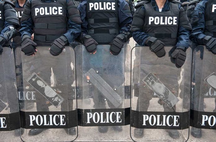 Police officers in riot gear holding shields