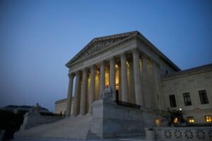 WASHINGTON, DC - JUNE 28: The U.S. Supreme Court is shown at dusk on June 28, 2023 in Washington, DC. The high court is expected to release more opinions tomorrow ahead of its summer recess, with cases involving affirmative action and student loan debt relief still to be decided. (Photo by Drew Angerer/Getty Images)