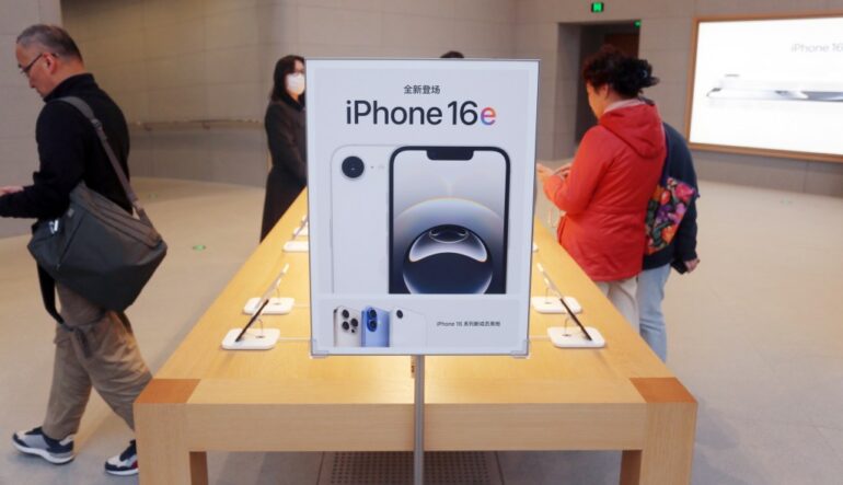 iPhone 16e display at the largest Apple store in Asia.