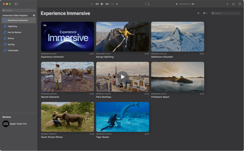 A screenshot showing Apple Immersive Videos
