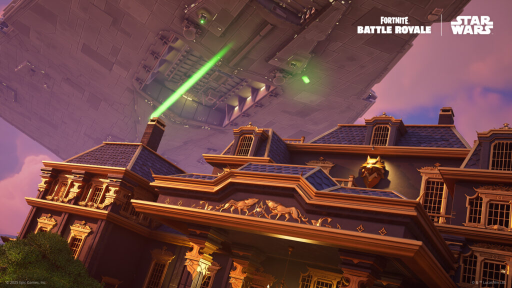 A Star Destroyer fires huge green laser beams above a golden guided manor house