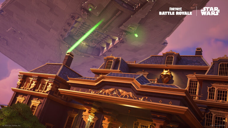 A Star Destroyer fires huge green laser beams above a golden guided manor house